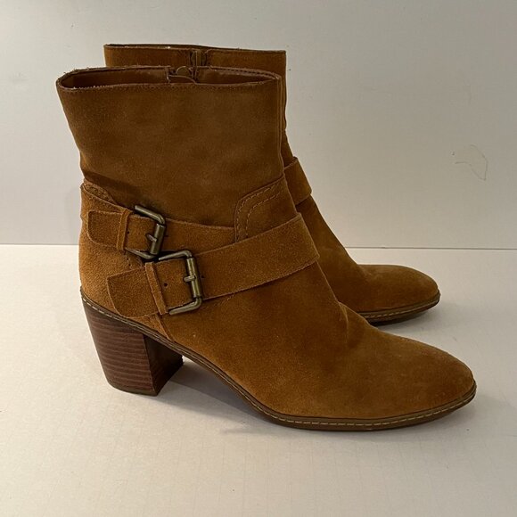 Anne Klein AKBilling Brown Suede Ankle Boots Buckle Detailing Women's Size 7.5M - Picture 1 of 13